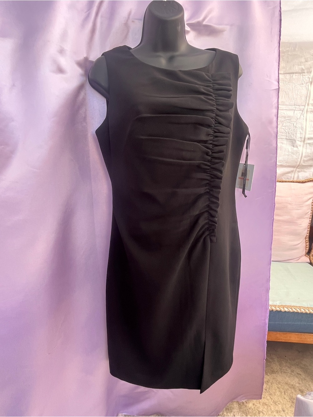 Calvin Klein Black Sleeveless Ruched Front Midi Dress